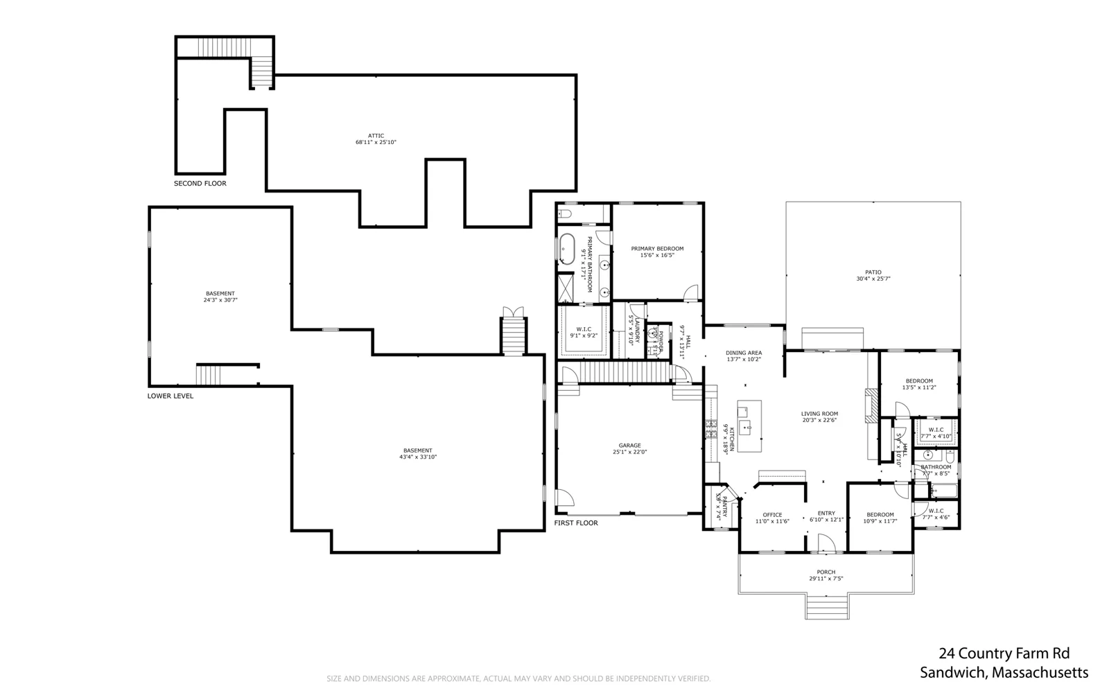 Floor plan of 24 Country Farm Rd showing first floor, attic and basement