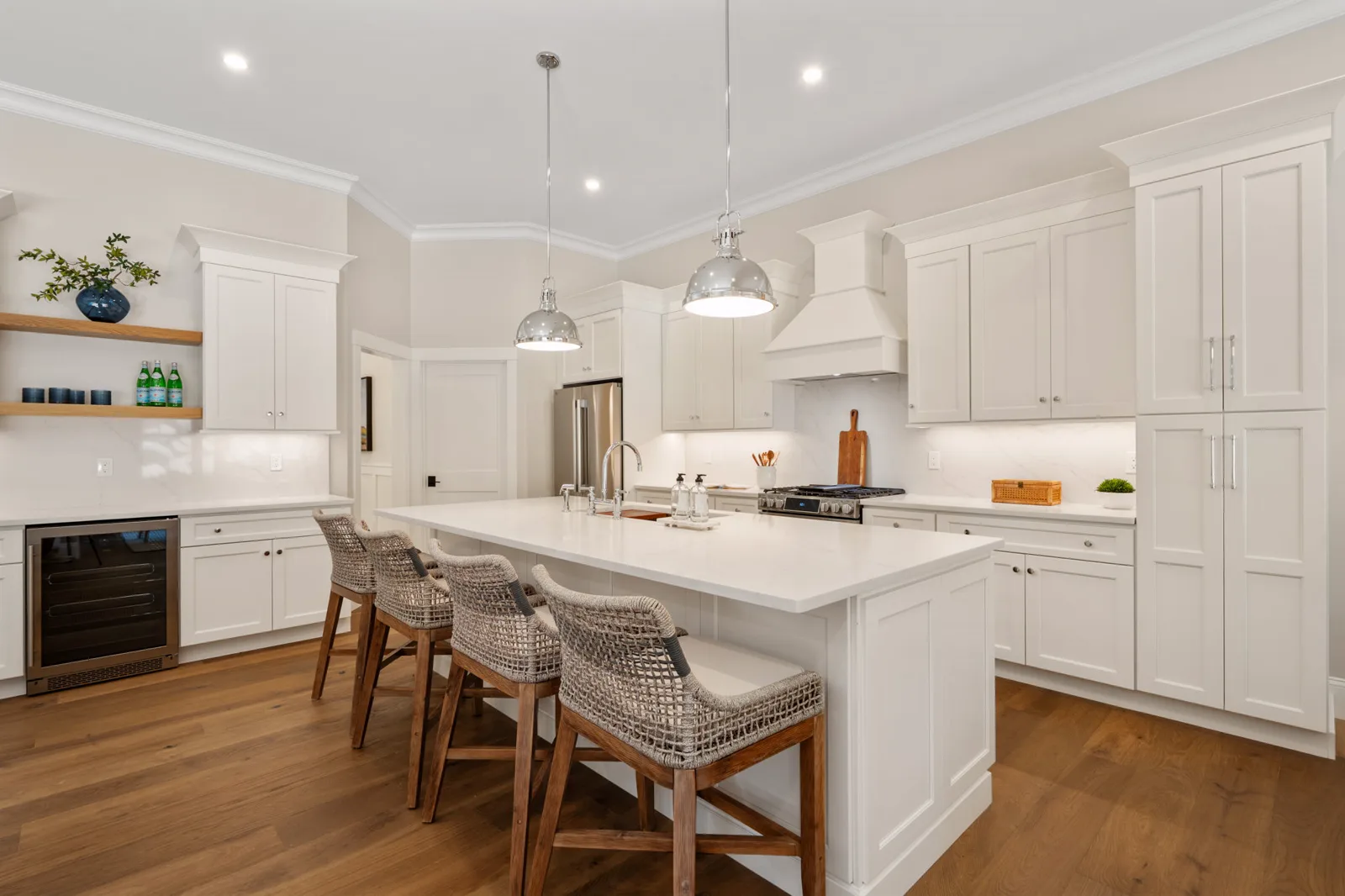 Kitchen island with seating for four and pendant lights